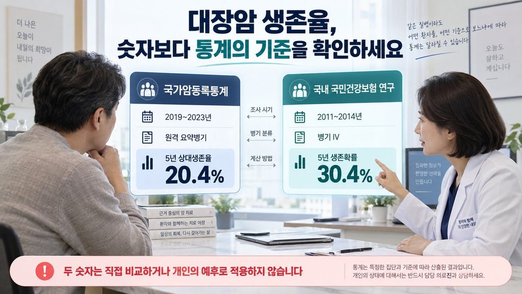 대장암 4기 생존율 원격 20.4%와 병기 4기 30.4% 통계 기준 비교