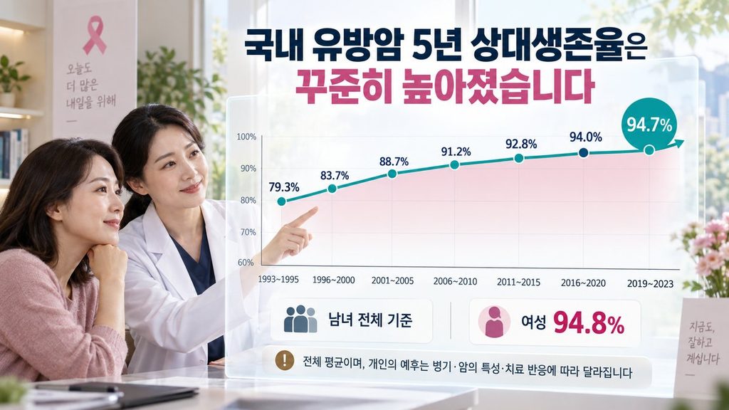 국내 유방암 5년 상대생존율 1993년부터 2023년까지 변화 추이