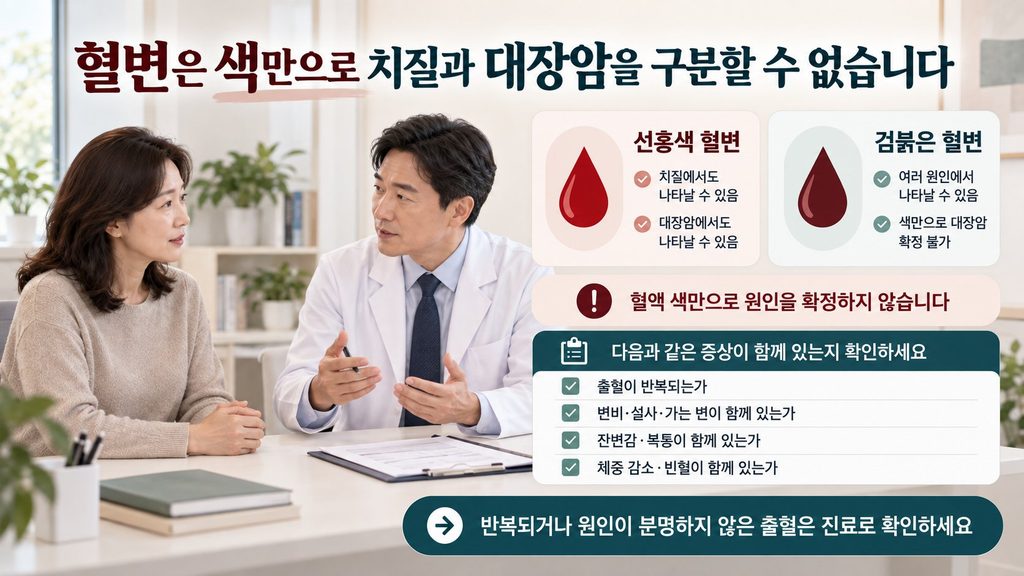 대장암 혈변과 치질 혈변 확인 기준 선홍색 검붉은 혈변 비교