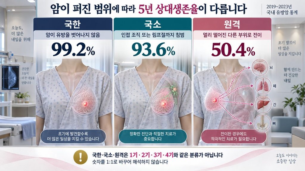유방암 국한 국소 원격 전이별 5년 상대생존율 비교
