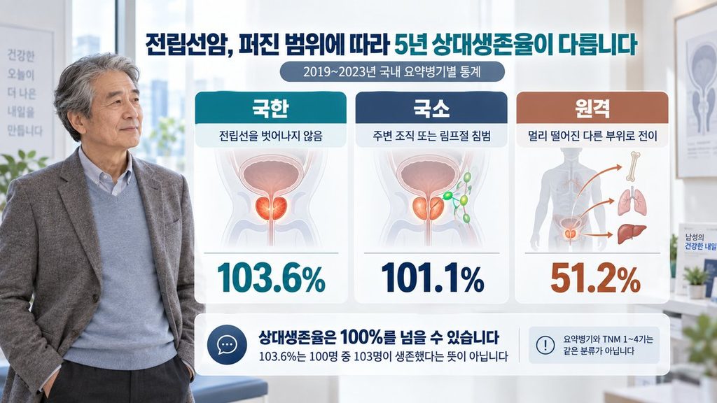 전립선암 국한 국소 원격 단계별 5년 상대생존율 비교