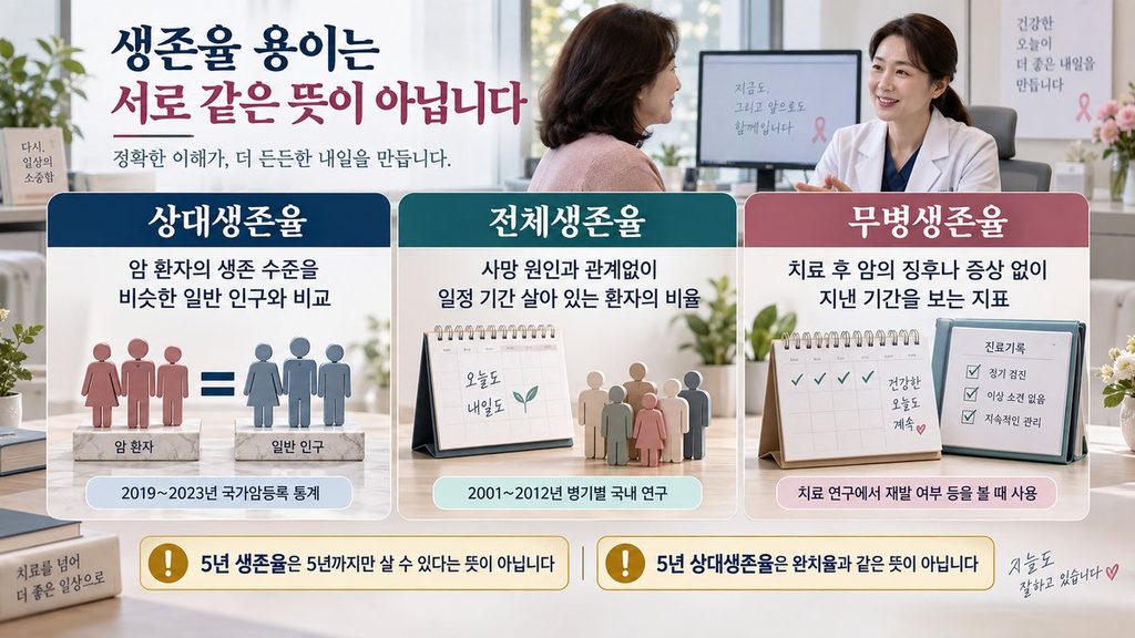 유방암 상대생존율 전체생존율 무병생존율 차이 비교