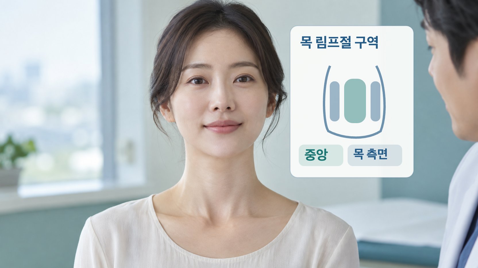 갑상선 주변 중앙과 목 측면 림프절 구역을 구분한 교육용 목 도식