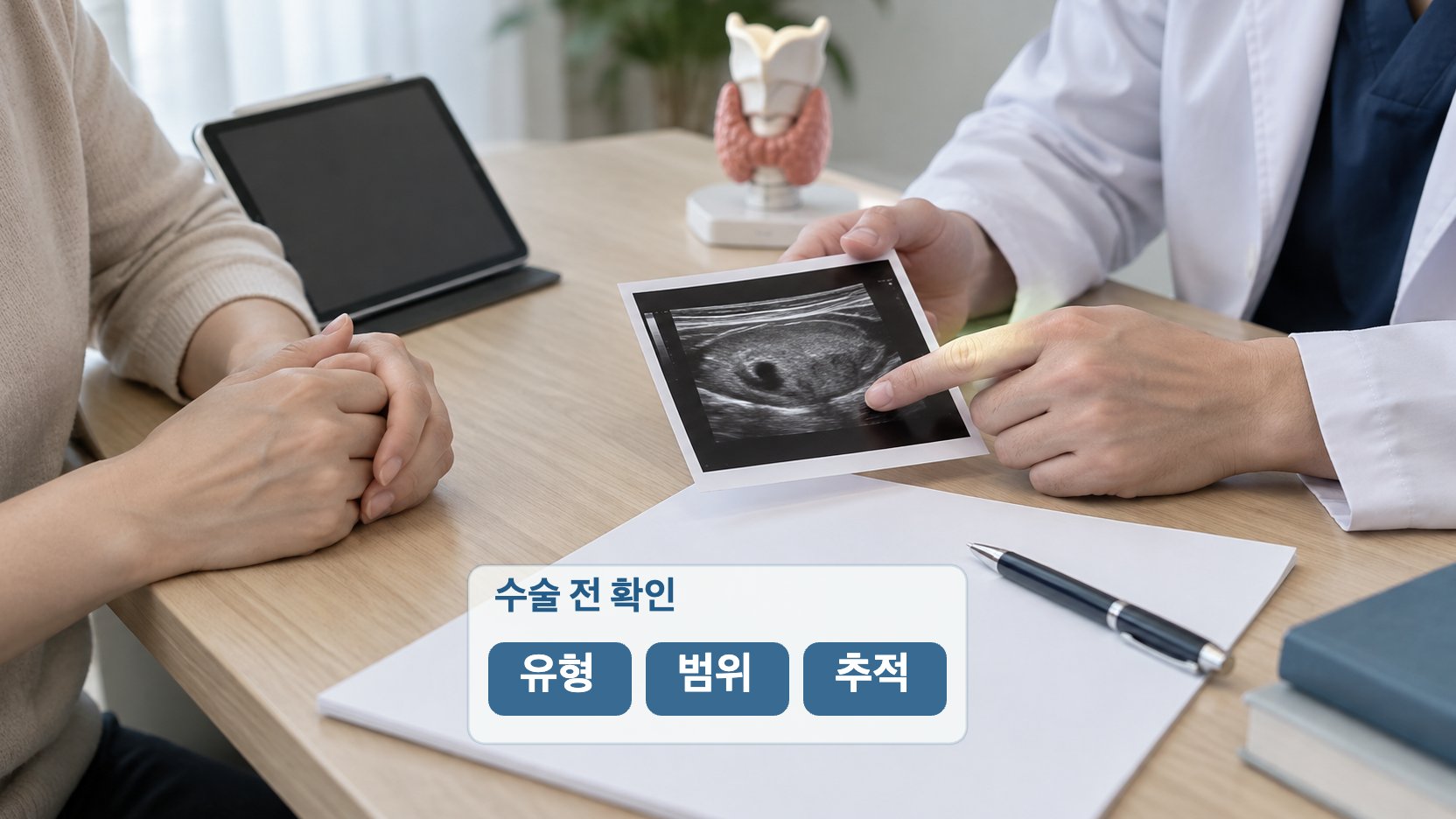 갑상선 수술 전 영상과 진료 질문을 함께 확인하는 환자와 담당 의사