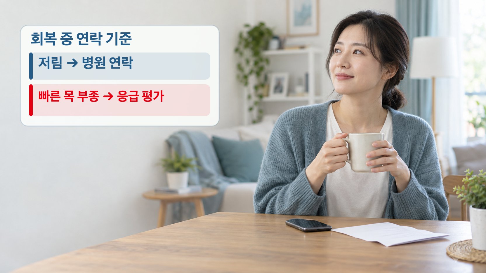 갑상선 수술 뒤 손끝 저림은 병원 연락, 빠르게 붓거나 조이는 목은 호흡곤란 전에도 응급 도움을 요청하도록 구분한 장면