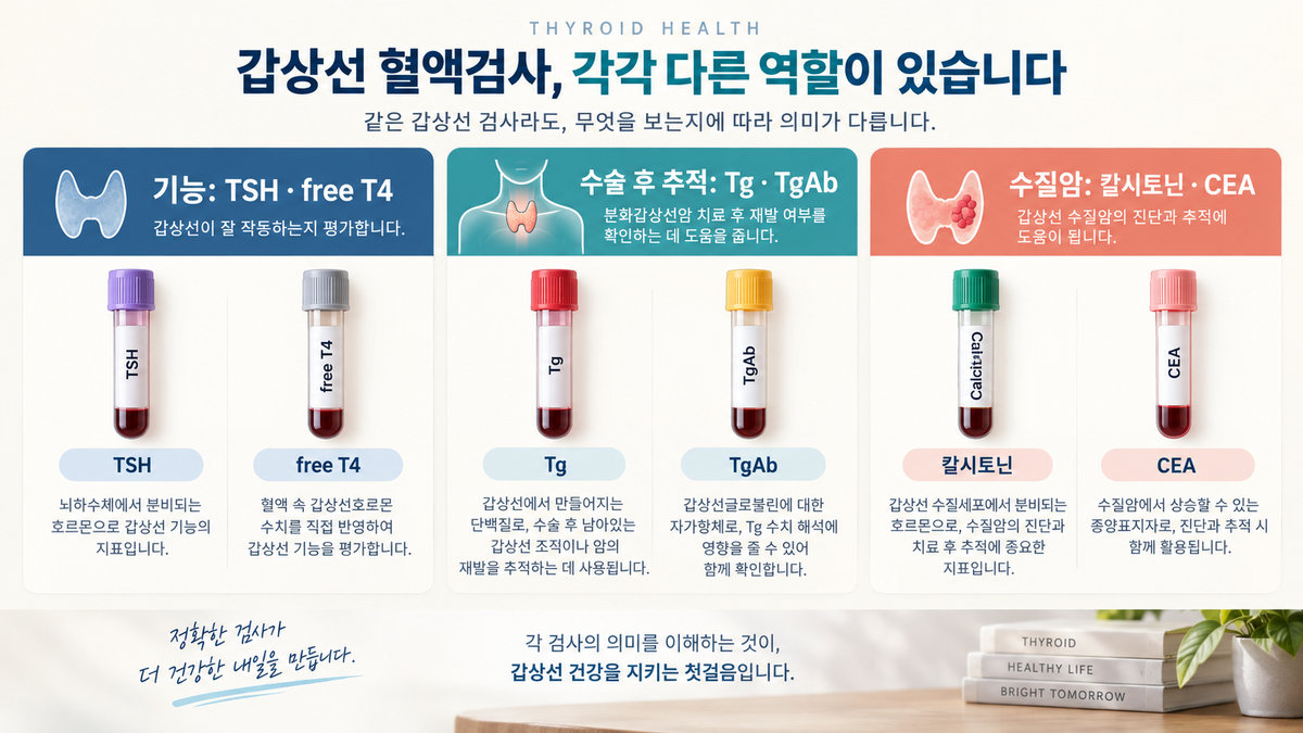 갑상선암 피검사 TSH free T4 갑상선글로불린 TgAb 칼시토닌 CEA 역할 비교