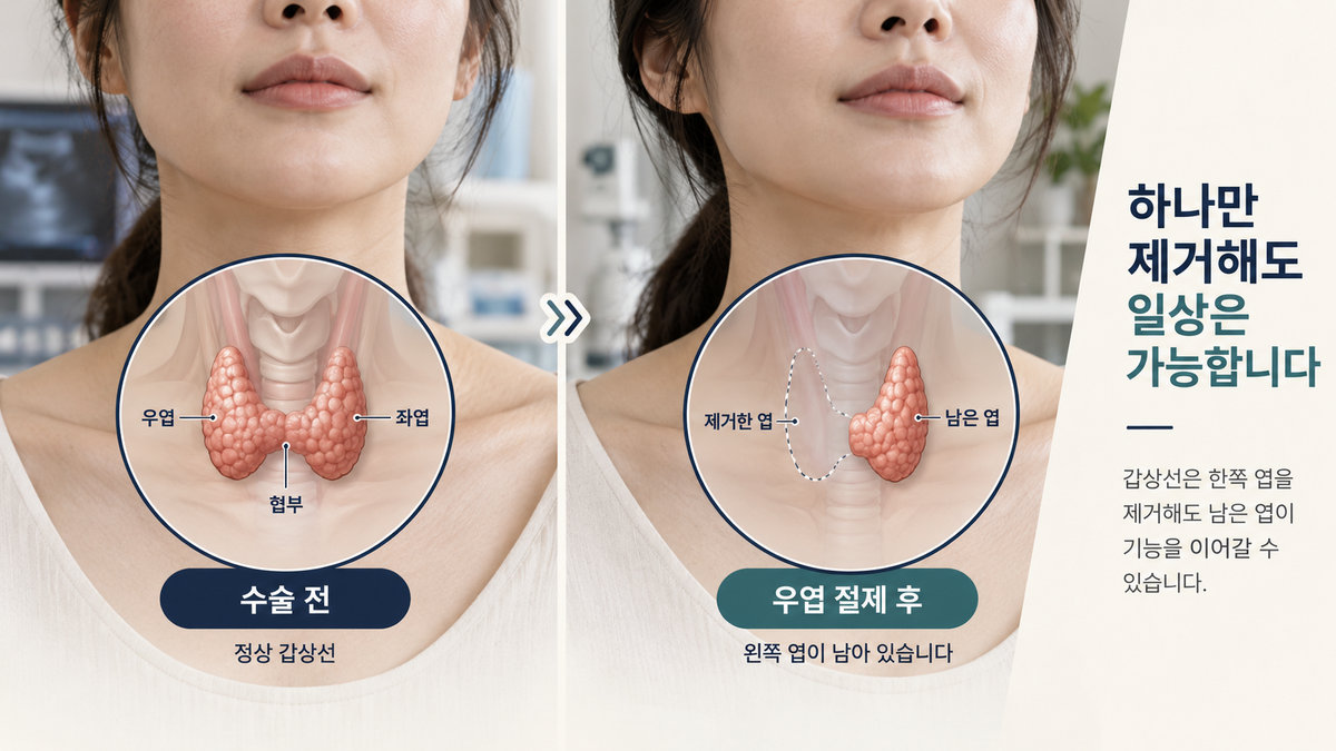 갑상선 반절제에서 제거하는 한쪽 엽과 남아 있는 갑상선 구조 비교