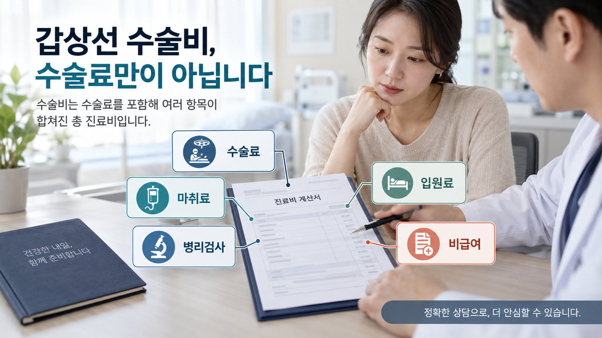 갑상선암 수술비용을 수술료 마취료 병리검사 입원료 비급여 항목으로 나눈 구성도