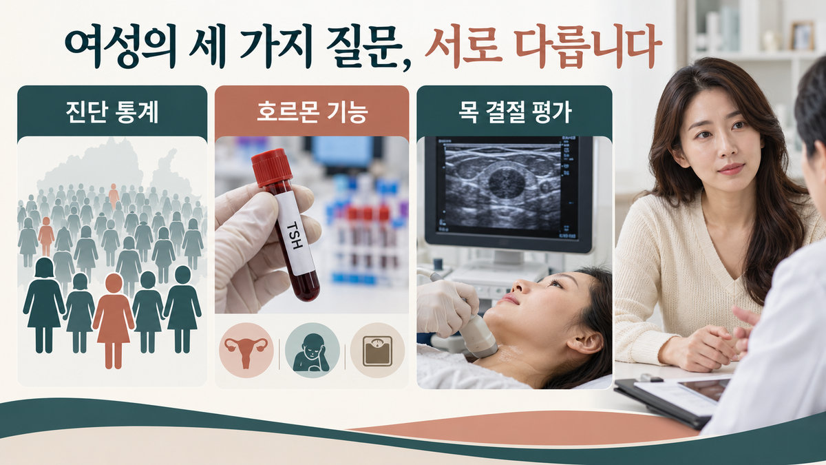 여자 갑상선암 진단 빈도와 갑상선 기능 증상 및 목 결절 평가의 차이