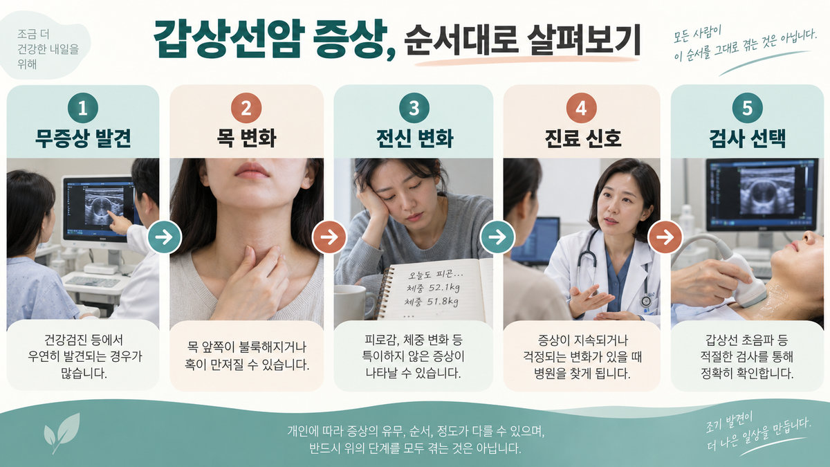 갑상선암 무증상 발견부터 목 혹 목소리 삼킴 호흡 변화와 진료 흐름을 정리한 그림