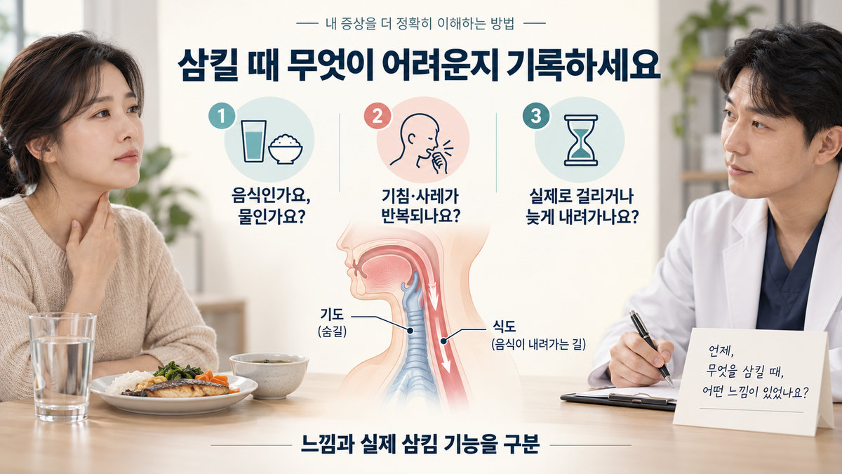목 이물감과 음식 및 물 삼킴 곤란을 구분해 기록하는 방법