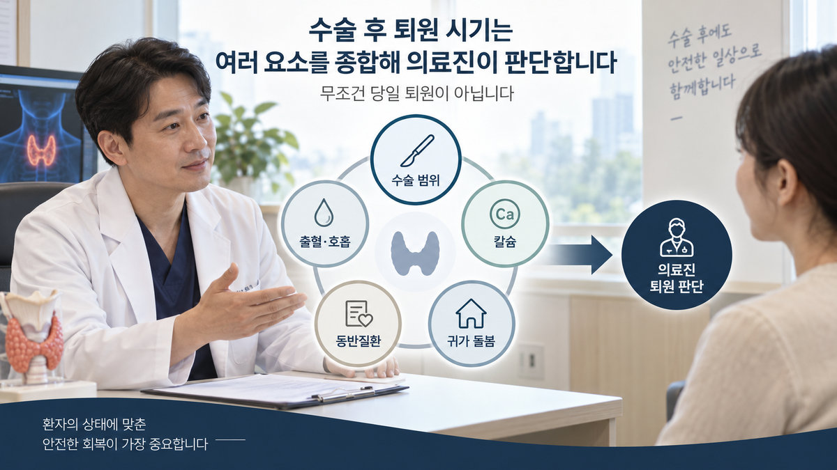 갑상선암 수술 후 당일퇴원 가능 여부를 결정하는 수술범위 칼슘 출혈 동반질환 보호자 조건