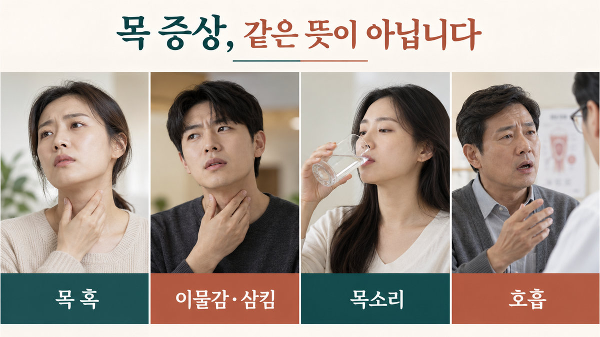 갑상선암 목 혹 이물감 삼킴 목소리 호흡 증상을 구분한 그림