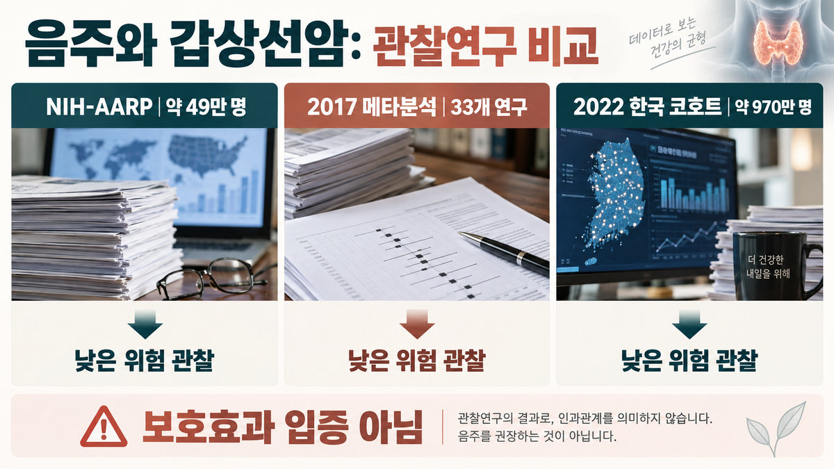 갑상선암과 음주 관련 주요 관찰연구 비교