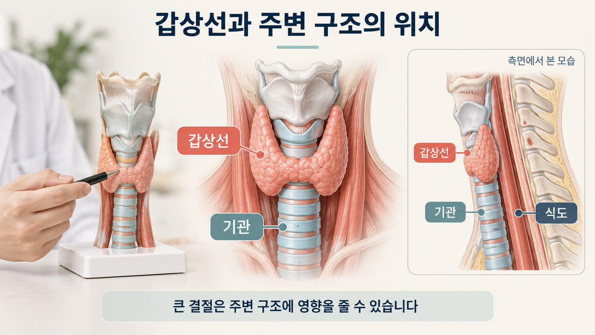 갑상선 결절과 기관 식도의 위치 관계를 보여주는 그림