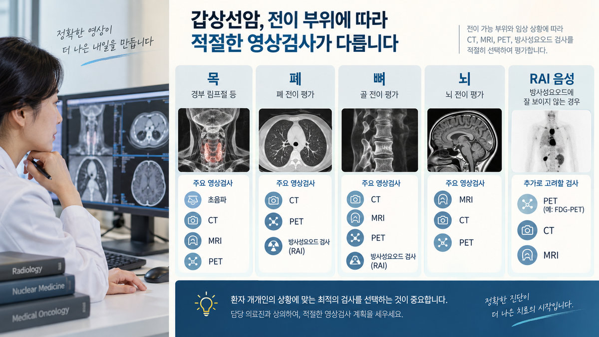 갑상선암 폐 뼈 뇌 전이 CT MRI PET 방사성요오드 검사 비교