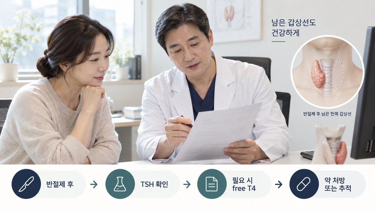 갑상선 반절제 후 TSH 유리 T4 검사와 호르몬 복용 여부 결정 흐름