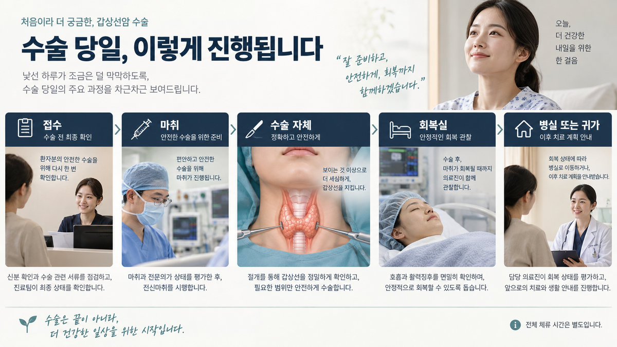 갑상선암 수술 당일 접수부터 마취와 실제 수술, 회복실, 병실 이동 또는 퇴원까지의 진행 단계
