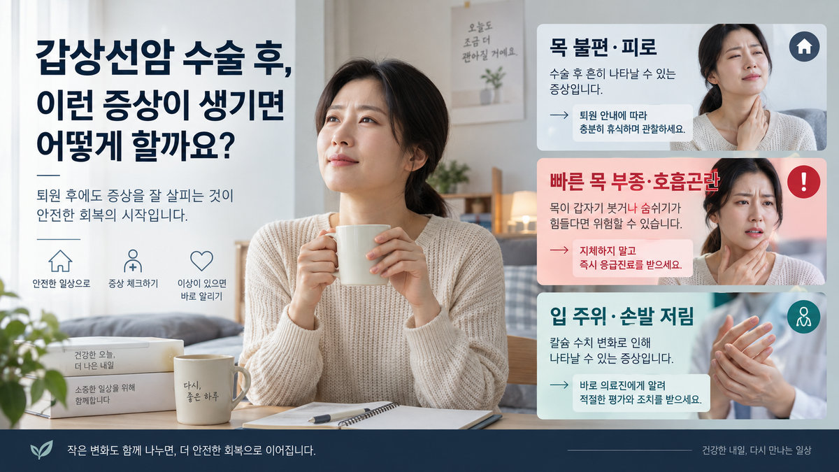 갑상선암 수술 후 목 부종과 호흡곤란은 즉시 응급 진료를 받고 입 주위 저림은 의료진에게 알리는 행동 기준