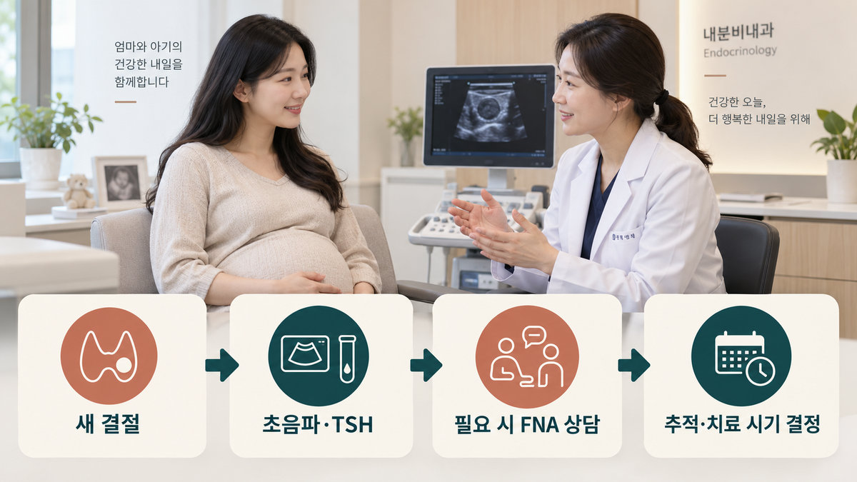임신 중 새 갑상선 결절의 초음파와 세침흡인검사 평가 흐름