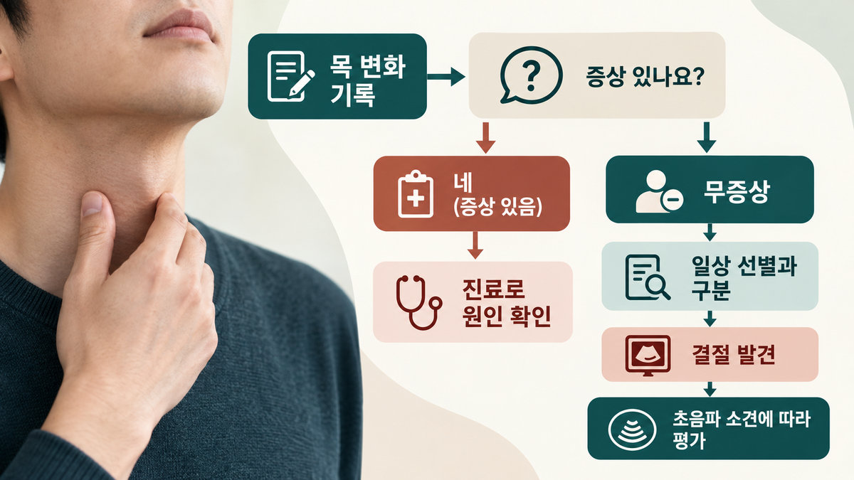남자 갑상선암 증상과 무증상 상태에서 다음 진료 행동을 구분한 흐름도
