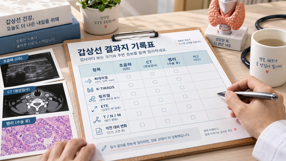 갑상선암 크기 결과지 초음파 병리 T분류 림프절 갑상선 밖 침범 기록표