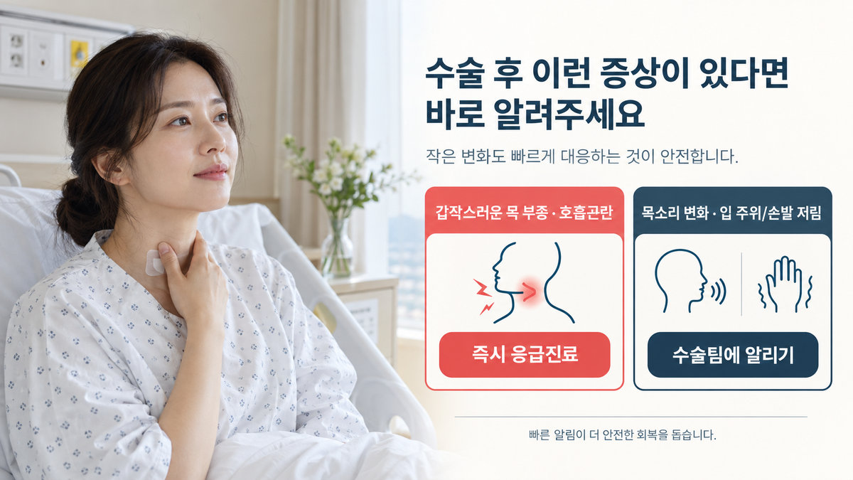 갑상선 전절제 후 출혈 호흡곤란 목소리 변화 저칼슘 증상 대처 기준