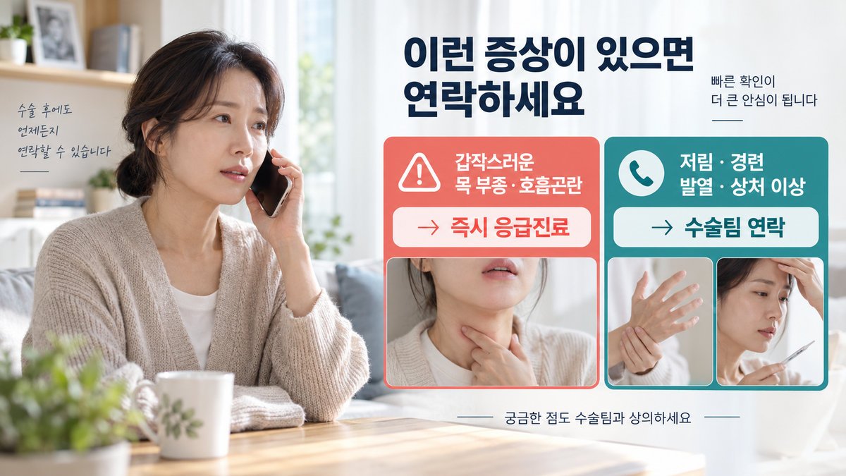갑상선암 수술 퇴원 후 응급 신호 빠른 목 부종 호흡곤란 저칼슘 저림 발열 상처 이상 행동 기준