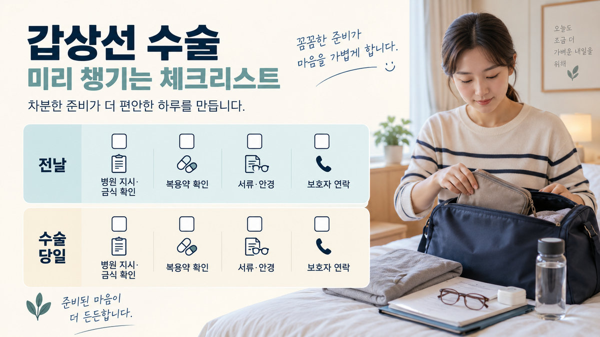갑상선암 수술 입원 전날 당일 준비 체크리스트 금식 복용약 서류 안경 보호자 병원 질문