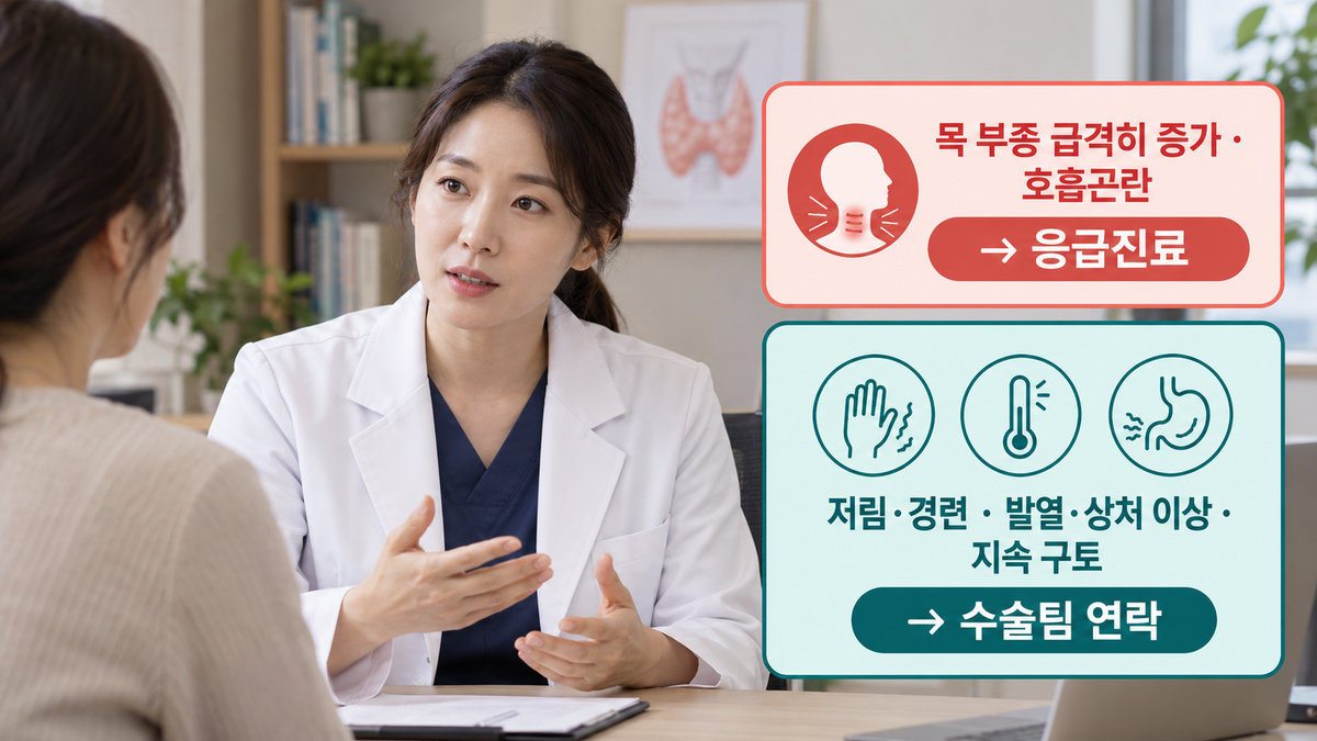 갑상선암 수술 후 빠른 목부종 호흡곤란 입주위 저림 발열 등 즉시 진료가 필요한 신호